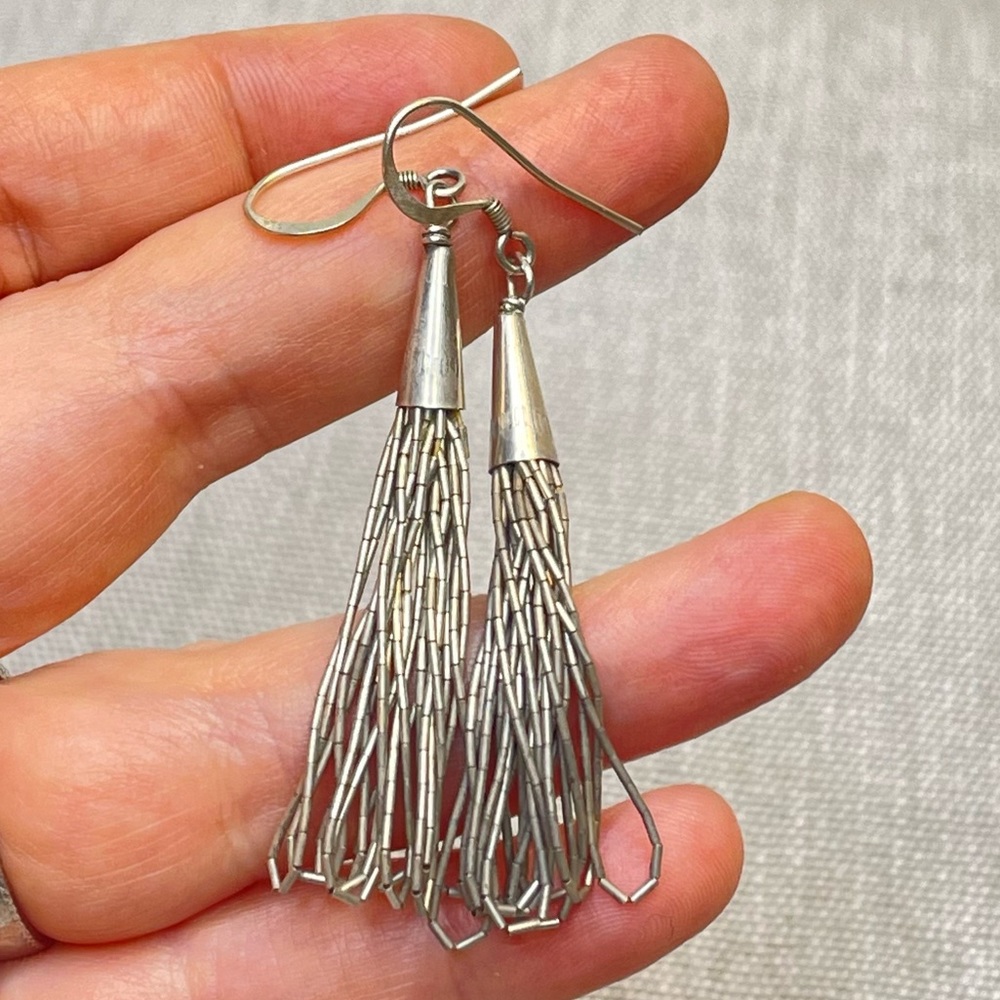 Navajo Silver Liquid Bead Dangle Hook Earrings | 2.5”